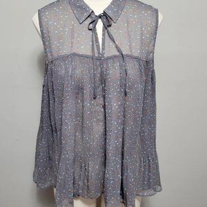 Sheer Gray Pleated Ladybug Blouse with Collar and Tie-Strings Size XS
